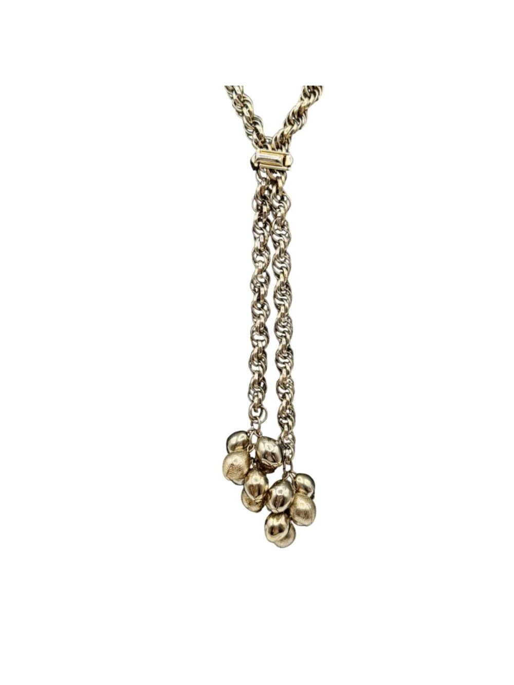 Twisted Rope Tassel Lariat Necklace With Dual Gold-Tone Cluster Charms Vintage - Picture 2 of 8